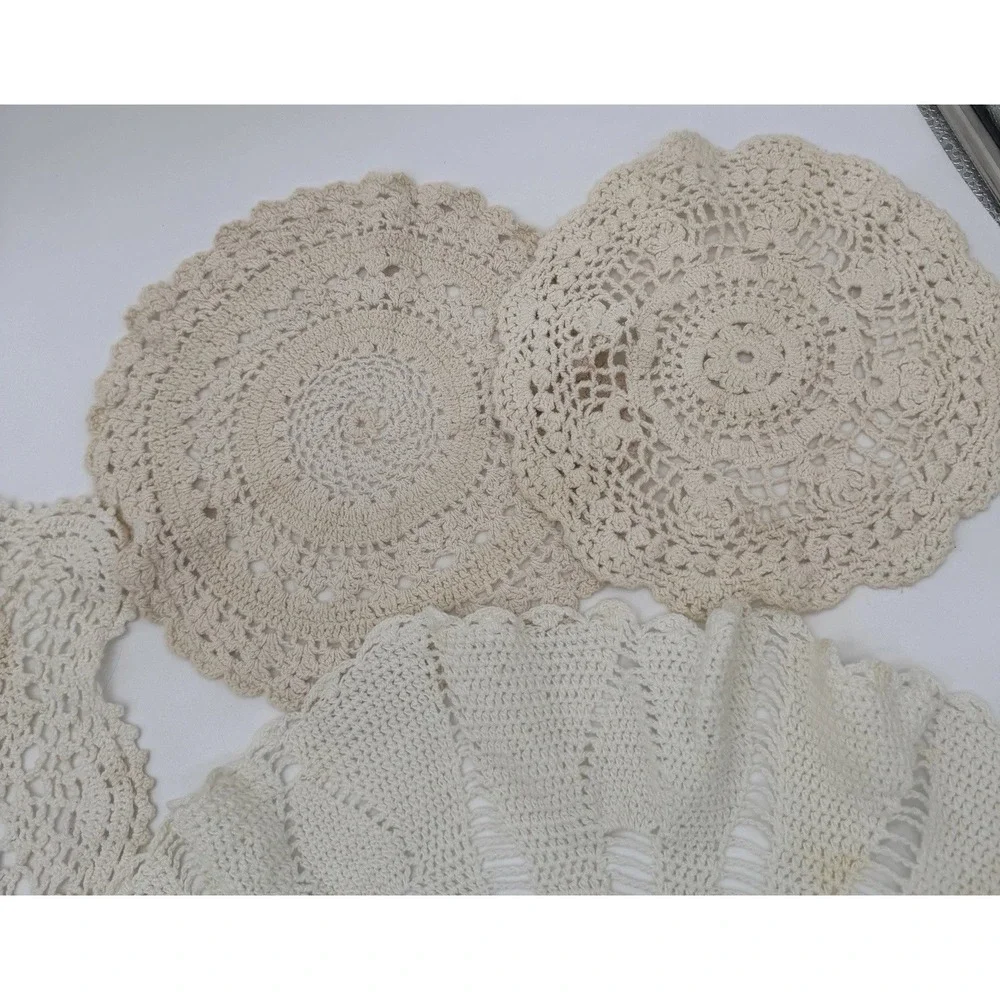 Vintage Crochet Doilies &‎ Table Runner Lot 6pc Ivory Farmhouse Cottage Cotton
